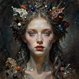 symmetry!! the portrait of the absurdly beautiful woman, octane render, symmetrical face, full body!! maximalist details, octane render, particles of minerals, trending in cgsociety, horror, a beautiful painting by gerald brom, peter mohrbacher, sophie anderson