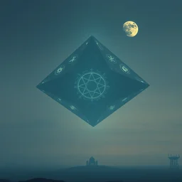 bad omens, beyond the horizon, just one gaint very lonely floating magnificent tetrahedron spacecraft, on which mystical symbols glowing!! moon night, light effect. medium long shot. grey blue. octane render, ultra clear detailed!! digital art by stanley artgerm lau, greg rutkowski, thomas kindkade, alphonse mucha