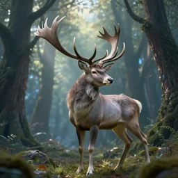 photography of an hyper realistic elven, celestial highly detailed stag, in a magical highly detailed forest background. sunlight rays throught the trees. concept art 8 k rendering.