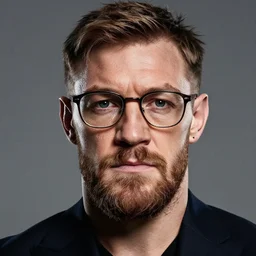 a color studio portrait of Conor McGregor wearing glasses, f/1.4, 90mm, extraodinary masterpiece!!!!!!