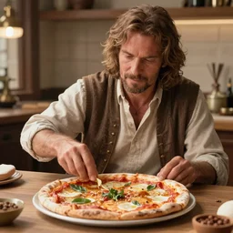 A still of Ben Kenobi making a pizza, 4k, photograph, ultra realistic, highly detailed, professional lighting