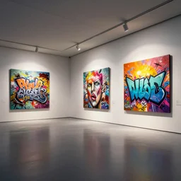 interior futuristic art gallery wide angle highly detailed by ricardo boffil, wall hanging paintings of grafitti art by saturno butto and wlod, captivating 8 k hdr, octane render godrays