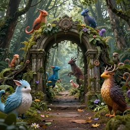 photo of a portal to a different world with magical creatures. Forest in the background. Fantasy magic style. Highly detailed 8k. Intricate. Nikon d850 55mm. Award winning photography.