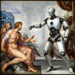 robotic god in the creation of adam, transfer of new kind of energy, painting by michelangelo