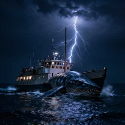 gerald brom, ellen jewett, night time, leviathan sea monster coming out of the water, attacking a boat, night, steve niles, realistic, night, scary, night, lightning, boat, lighting
