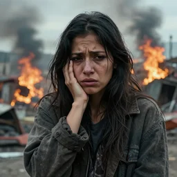 photographic portrait of a poor streetwear woman in distress, a futuristic shanty town burns in the background, closeup, sigma 85mm f/1.4, 4k, depth of field, high resolution, 4k, 8k, hd, full color