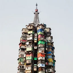 huge towers made up of colourful stacked squatter shacks and makeshift brutalist shelters, suspension, mamiya, uniform plain sky, fine details, minimalist, photographed by frans lanting