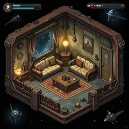 the living quarters of an officer, on a spaceship, from a space themed point and click 2 d graphic adventure game, set design inspired slightly by hg giger and tomb raider, art inspired by thomas kinkade and william alexander