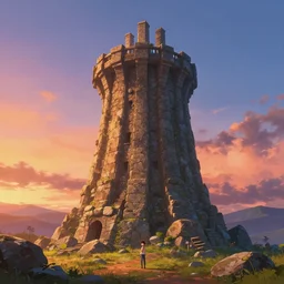 A landscape with a giant stone tower with pillars on top at sunset, Low level, rendered by Beeple, Makoto Shinkai, syd meade, simon stålenhag, environment concept, synthwave style, digital art, unreal engine, WLOP, trending on artstation, 4K UHD image, octane render,