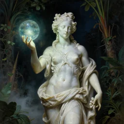 a baroque neoclassicist portrait of an alien marble statue holding dimly glowing orbs in a botanical sci - fi courtyard at night. reflective textures. glowing fog. highly detailed fantasy science fiction painting by moebius, norman rockwell, frank frazetta, and syd mead. rich colors, high contrast, gloomy atmosphere, dark background. artstation