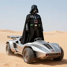 Darth Vader standing on a driving post apocalyptic battle car in the desert and weilding a flamethrower, Mad Max Fury Road, sandstorm, fire, realistic, flags, spikes, dust