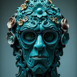 award winning photo of wooden todd solondz carved into a blue green, intricate baroque style, glasses, clear todd solondz face,, flowers, evil cult, mysticism, vivid colors, weird and disturbing, symmetrical face, beautiful eyes, studio lighting, wide shot art by sally mann & arnold newman