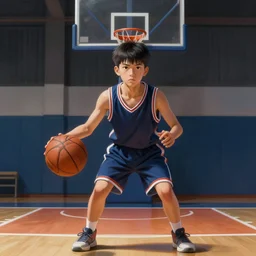 portrait of a boy at a basketball court playing basketball wearing a basketball uniform in a basketball court standing near the basketball hoop, poised, intense emotion, detailed facial expression, detailed surroundings, intricate, elegant, highly detailed, centered, digital painting, artstation, concept art, smooth, sharp focus, illustration, by (Peter Mohrbacher), WLOP