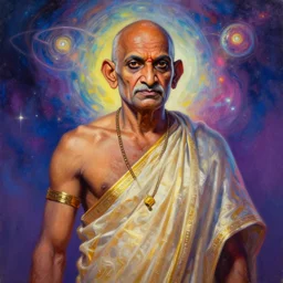 A cyborg Ghandi as the ultimate tyrant emperor of the universe. Trending on ArtStation. A vibrant digital oil painting. A highly detailed fantasy character illustration by Wayne Reynolds and Charles Monet and Gustave Dore and Carl Critchlow and Bram Sels