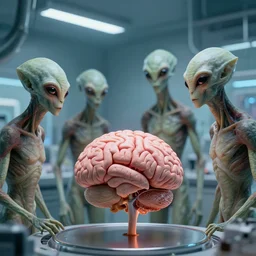 pleiadian aliens inspecting a human brain in their lab, photorealistic, highly detailed