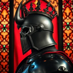 detailed side - view portrait of a knight, kaldor helmet, skull - shaped visor, no mandible, royal crown with big spikes, plate armor, gothic stained glass window, shiny red background, very masterful, backlit