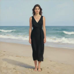 woman on the beach, black dress, facing front, part leyendecker style, part dean cornwell style