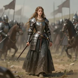 gorgeous medieval warrior princess in a battle scene, long hair, full body length, shallow depth of field, matte painting by karole bak, by hasui kawase