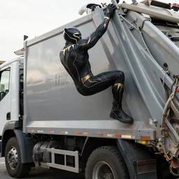 Black Panther working as a garbage man hanging from a garbage truck in the new avengers movie, 4k