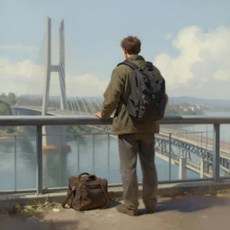 a man stranding at a bridge highly detailed digital painting