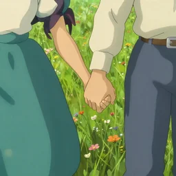 a wholesome animation key shot of two lovers holding hands at a beautiful grass field with flowers, howl's moving castle inspired by studio ghibli, animation, sharp, rendered in unreal engine 5, focused, anime key art by greg rutkowski, bloom, dramatic lighting