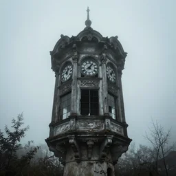 photograph of sprawling intricate old clock bay window tower abandoned spooky misty ominous well defined