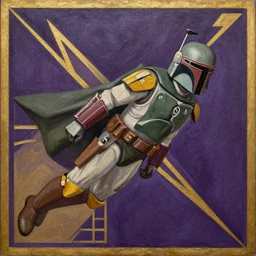 textured art deco painting of boba fett, flying from bottom left to top right, muted greens and browns, geometric, gold and deep purple background with lightning bolt