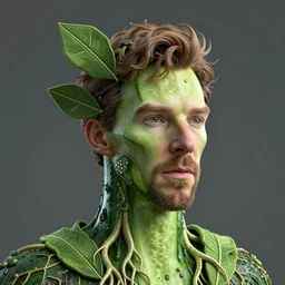 hyperdetailed ultra sharp 3 d render of benedict cumberbatch merged with a cucumber, medium fine shot portrait, ef 8 5 mm f 1. 8 usm, bionic scifi alexandre ferra, magnolia goliath head ornaments, embroidered leaves sinuous roots, octane render, volumetric cinematic lighting, 8 k, vray tracing, no dof, no blur