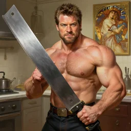 gigachad ron swanson bodybuilder holding a massive saw blade in final fight kitchen by ilya kuvshinov, ernest khalimov body by krista sudmalis, fantasy character portrait, ultra realistic, concept art, intricate details, elegent, digital painting, smooth, sharp focus, illustration, art by artgerm and greg rutkowski and alphonse mucha, artstation