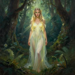 Full body photo of the beautiful goddess Lana Rhoades as dryad, she has those characteristic sparkling green eyes, she is looking straight to the camera, she has a glow coming from her, she is getting illuminated for rays of light, behind is an ancient forest full of life, the photo was taking by Annie Leibovitz, matte painting, oil painting, naturalism, 4k, 8k