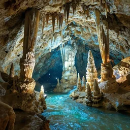 beautiful huge cave with swarms of flies, insects, stalactites, stalagmites, underwater glittering river, volumetric light, by greg rutkowski