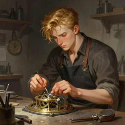 character concept portrait of focused Skyler Maxon as a Artificer crafting a clockwork mechanism, tinker workshop, blacksmith apron, digital painting, concept art, smooth, sharp focus, illustration, from Metal Gear, by Ruan Jia and Mandy Jurgens and William-Adolphe Bouguereau, Artgerm