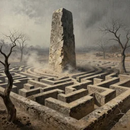 colonial maze of dry trees around a large monolith, raining ash, stoic, light dust, magnificent, hyperdetailed, theatrical, dutch angle, close up, masterpiece, painted by jean honore fragonard and greg rutkowski and rob alexander