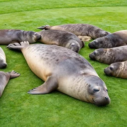 A huge elephant seal with a bulbous nose sleeps golf green with his harem, National Geographic Style, photographed