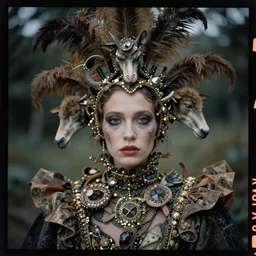 kodak portra 4 0 0, wetplate, photo of a surreal artsy dream scene,, weird fashion, in the nature, highly detailed face, very beautiful model, portrait, expressive eyes, close up, extravagant dress, carneval, animal, wtf, photographed by paolo roversi style and julia hetta