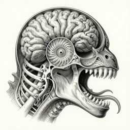 hyper-detailed color pencil antique medical illustration of Kaiju head crosssection, nautilus brain, ribcage, xhenomorph, with tentacles coming out of open mouth and exposed jaw bone, no text, symmetrical