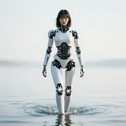 beautiful centered photo portrait of korean girl as a solarpunk robotic cyborg with white mechanical parts and implanted bright halogen lamps, treading on calm water, ultra - realistic and detailed, sun lit, white background, bokeh, soft focus, slow exposure hdr 8 k