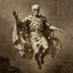 photorealistic sepia painting of a floating mummy, nabatean writing on the bones, wearing a torn, billowing shroud, by richard corben, atmospheric lighting, brooding, painted, intricate, ultra detailed, well composed, best on artstation, cgsociety, epic, horror, stunning, gorgeous, intricate detail, much wow, masterpiece, cinematic aesthetic octane render, 8 k hd resolution,