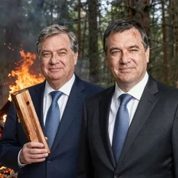 viktor orban burning down a forest, holding a wood piece, highly detailed winking face, bauhaus 1 9 3 0 s geometric poster