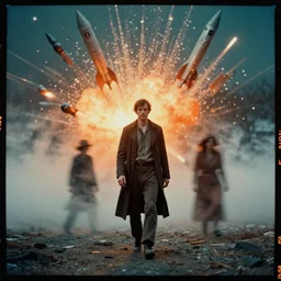 kodak portra 4 0 0, wetplate, muted colours, orange and teal, the walking dead, 1 9 1 0 s style, motion blur, portrait photo of a backdrop, explosions, rockets, bombs, sparkling, snow, fog, by georges melies and by britt marling