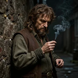 Drug addict hobbit smoking in a dark alley, ultra realistic, concept art, intricate details, dark, highly detailed, photorealistic, octane render, 8k, unreal engine, art by artgerm and greg rutkowski and alphonse mucha