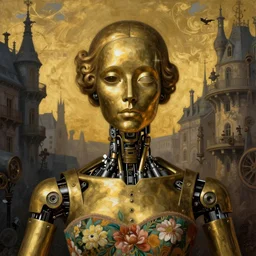 brass semi - mechanical woman, headshot portrait, floral art novuea dress, art by moebius, john bauer, caravaggio, in steampunk cityscape designed by victor horta, golden hour, dark shadows, robotic prosthetic limbs, symmetrical