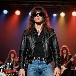 Man with long shaggy hair, black sunglasses, black leather jacket and denim jeans, proto-metal concert, concert lighting, Black Sabbath, The Ramones, 1973, super 8mm film