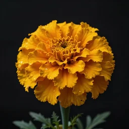 highly detailed colorful beautiful marigold flowers from single stem, volumetric dramatic light, dark black background, sharp focus, highly realistic, octane render, art by greg rutsowski