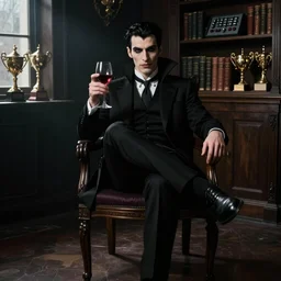 character portrait of a vampire with one leg crossed over the other, facing the camera, holding a glass of red wine in his hand, sitting sitting dramatically on a chair in a dark room, trophies along the back wall on bookshelves, moody colors, 8 k, castlevania, amazing value control, in the style of john singer sargent, dramatic lighting, spotlight from a window, sharp focus
