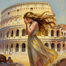 recursive image with a girl who forgot about important thing, ancient rome, her long hair flowing, surreal, oil pastels and gold, in the style of katsuhiro otomo, modeled in poser, redshift render, uhd