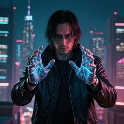 gopnik with cyber hands on the background of cyberpunk city