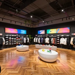 large nike boutique flagship retail. black walls with colorful digital screens. parquet flooring timber aged oak. white rounded corian furniture with colorful shoes and varied clothes. low ceilings with rails and spots. plants. muted colors. architectural photography, 8 k, realistic lighting, reflections, bloom, hyperdetailed environment, pbr materials.
