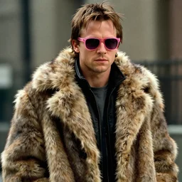 film still of Joseph Gordon-Levitt as Tyler Durden wearing big fur coat and pink sunglasses in Fight Club 1999