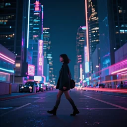 neon cyberpunk city, night, girl walking, rule of thirds, photography cinematic
